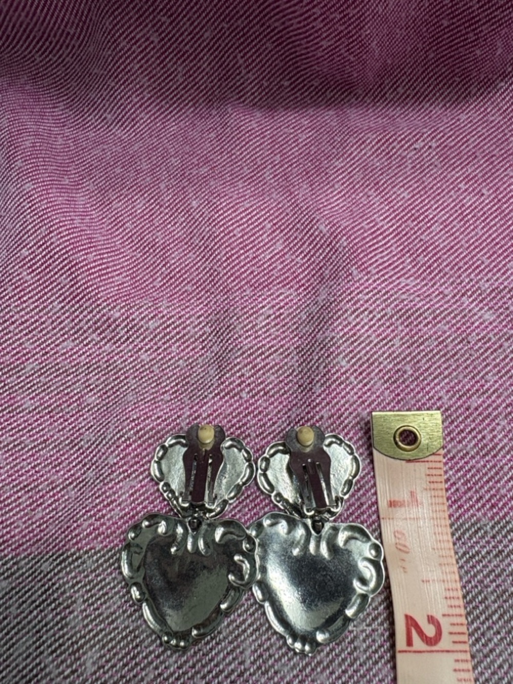 Silver Tone Heart Drop Earrings - Double Heart Dangle - Picture 2 of 3